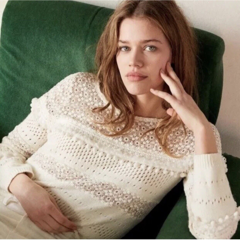 Sezane Driss Sweater Cream Cotton Angora Blend Crew Neck Pom Pom Fringe White L